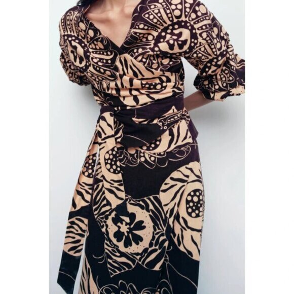 NWOT Zara linen blend botanical print brown & butter tan high waist skirt, XS - Picture 3 of 12